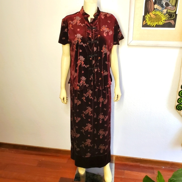 Vintage | Skirts | 9s Velvet Stretch Asian Inspired Knit Skirt Set